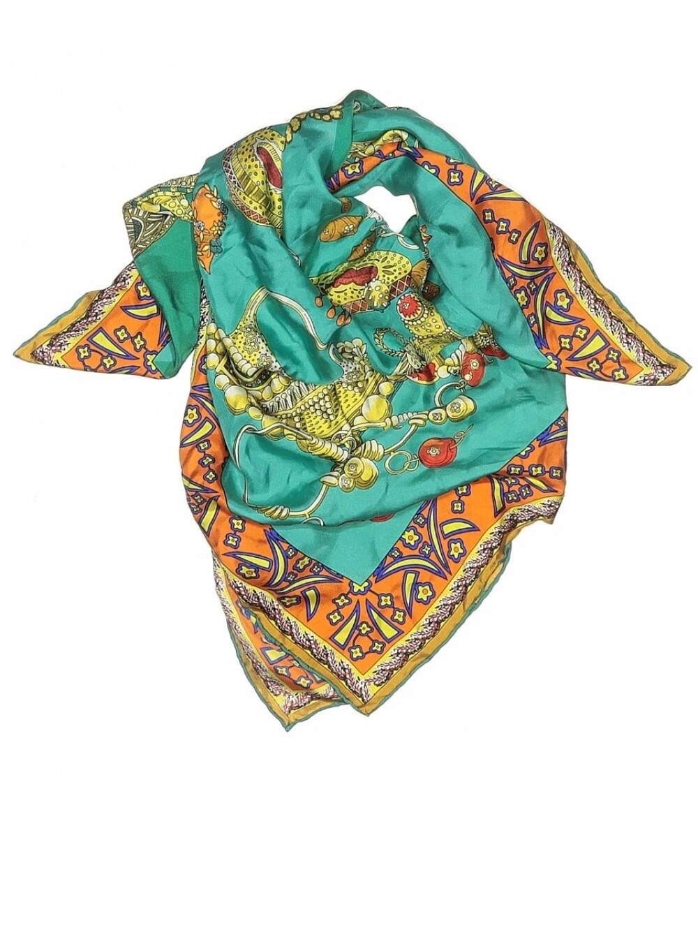 Turquoise & Orange Printed Silk‎ Scarf
